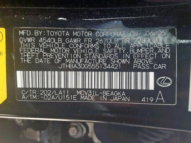 JTHBA30G555134421 - 2005 LEXUS ES 330 BLACK photo 10