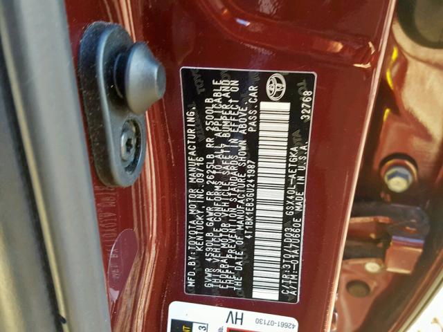 4T1BK1EB3GU241987 - 2016 TOYOTA AVALON XLE MAROON photo 10