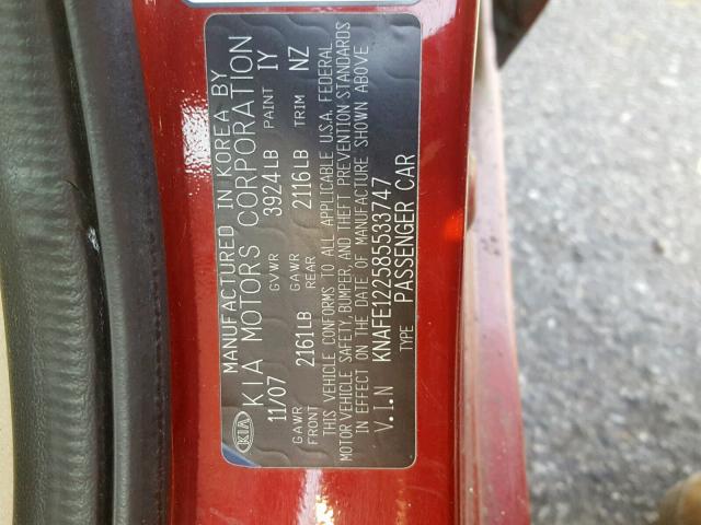 KNAFE122585533747 - 2008 KIA SPECTRA EX RED photo 10