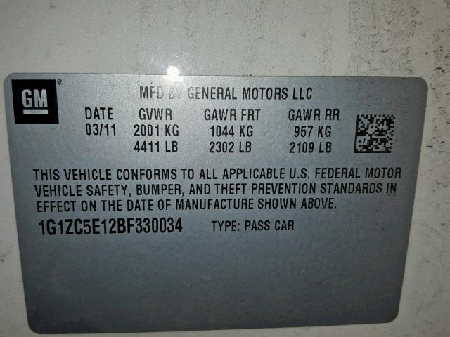 1G1ZC5E12BF330034 - 2011 CHEVROLET MALIBU 1LT WHITE photo 10