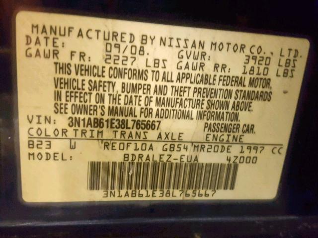 3N1AB61E38L765667 - 2008 NISSAN SENTRA 2.0 BLUE photo 10