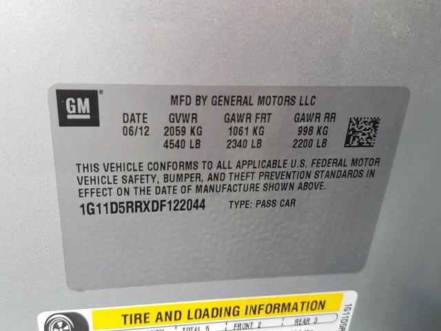 1G11D5RRXDF122044 - 2013 CHEVROLET MALIBU 1LT 银色 照片 10