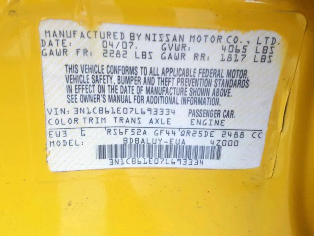 3N1CB61E07L693334 - 2007 NISSAN SENTRA SE- YELLOW photo 10