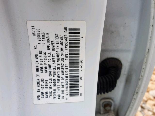 1HGCR2F84EA231837 - 2014 HONDA ACCORD EXL WHITE photo 10