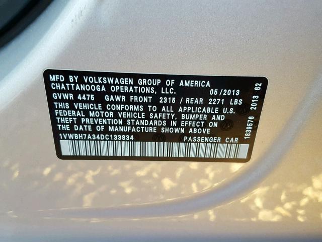 1VWBH7A34DC133834 - 2013 VOLKSWAGEN PASSAT SE SILVER photo 10