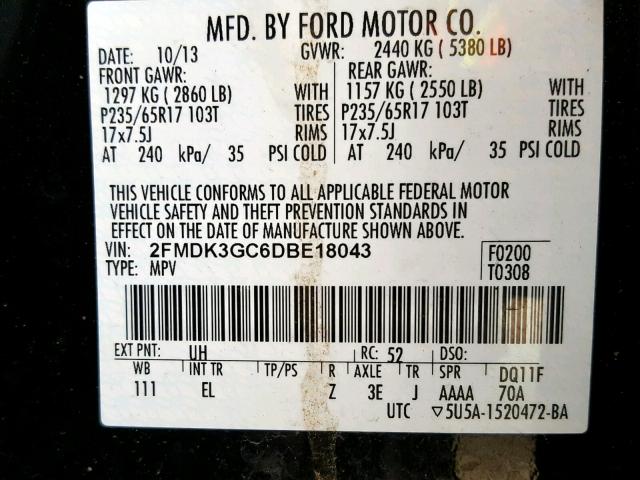 2FMDK3GC6DBE18043 - 2013 FORD EDGE SE BLACK photo 10