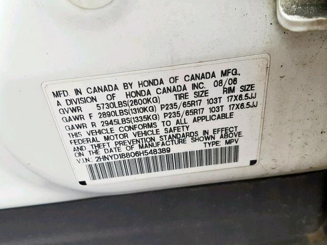 2HNYD18806H548389 - 2006 ACURA MDX TOURIN WHITE photo 10