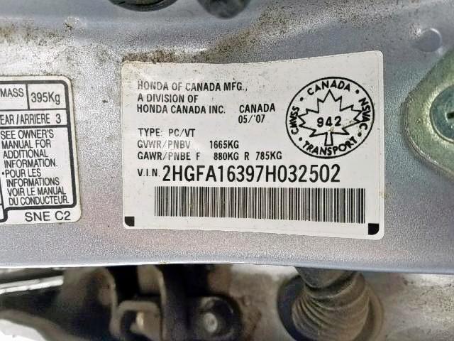 2HGFA16397H032502 - 2007 HONDA CIVIC DX SILVER photo 9