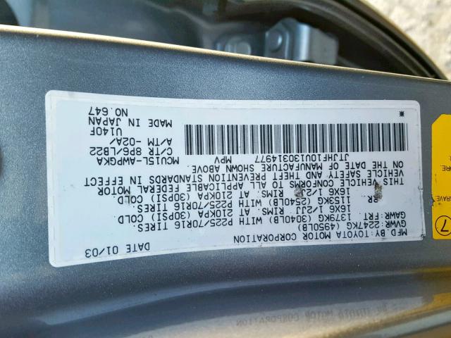 JTJHF10U130314977 - 2003 LEXUS RX 300 SILVER photo 10