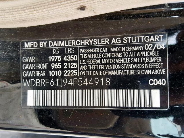 WDBRF61J94F544918 - 2004 MERCEDES-BENZ C 240 BLACK photo 10