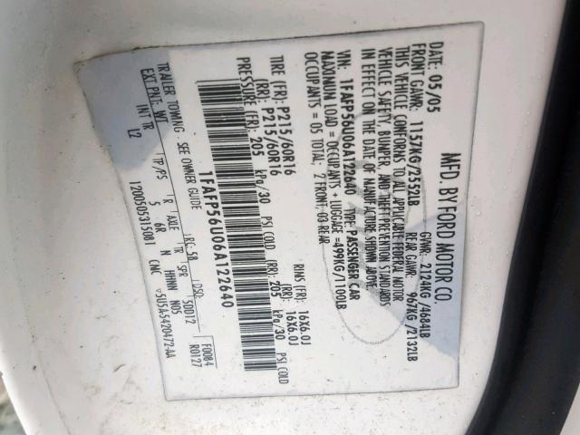 1FAFP56U06A122640 - 2006 FORD TAURUS SEL WHITE photo 10