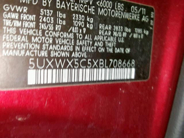 5UXWX5C5XBL708668 - 2011 BMW X3 XDRIVE2 RED photo 10