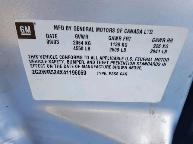 2G2WR524X41196069 - 2004 PONTIAC GRAND PRIX SILVER photo 10