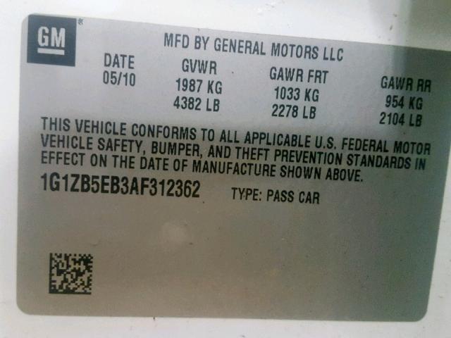 1G1ZB5EB3AF312362 - 2010 CHEVROLET MALIBU LS WHITE photo 10