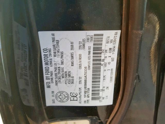 1FMEU85868UA70335 - 2008 FORD EXPLORER L BLACK photo 10