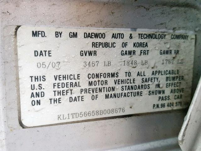 KL1TD56658B008676 - 2008 CHEVROLET AVEO BASE ვერცხლისფერი ფოტო 10