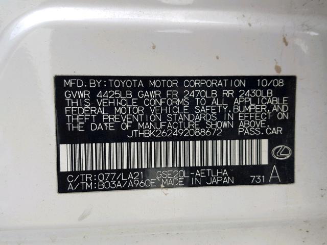 JTHBK262492088672 - 2009 LEXUS IS 250 WHITE photo 10