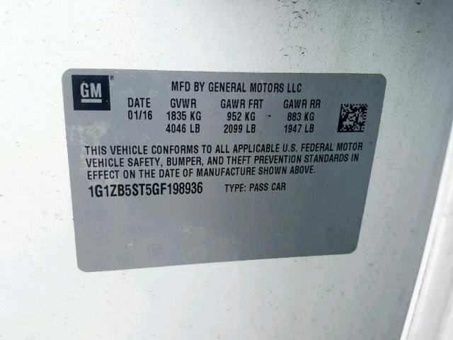 1G1ZB5ST5GF198936 - 2016 CHEVROLET MALIBU LS WHITE photo 10