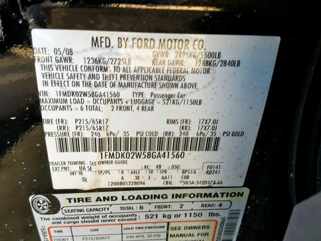 1FMDK02W58GA41560 - 2008 FORD TAURUS X S BLACK photo 10