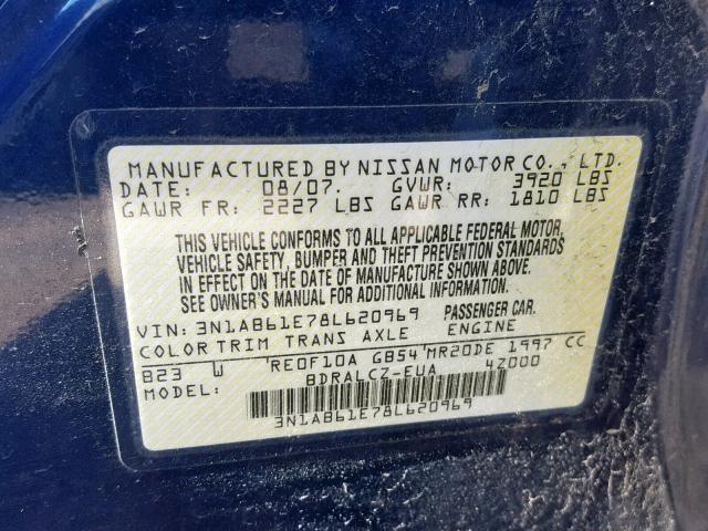 3N1AB61E78L620969 - 2008 NISSAN SENTRA 2.0 BLUE photo 10