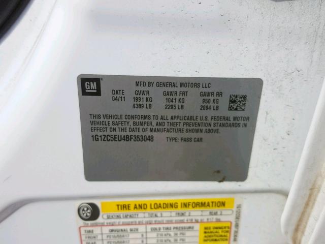 1G1ZC5EU4BF353048 - 2011 CHEVROLET MALIBU 1LT თეთრი ფოტო 10