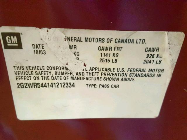 2G2WR544141212334 - 2004 PONTIAC GRAND PRIX MAROON photo 10