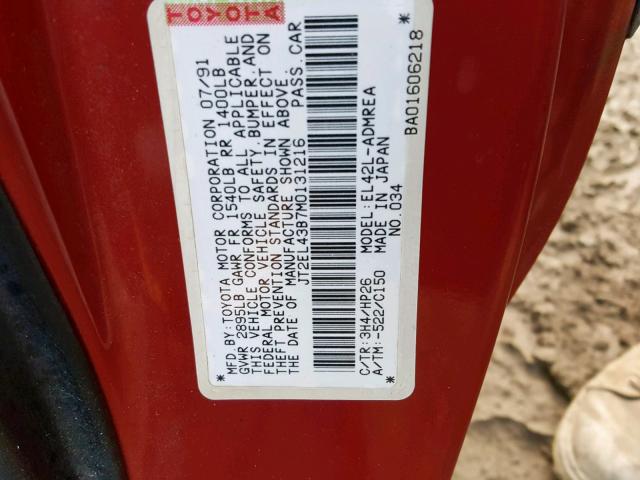 JT2EL43B7M0131216 - 1991 TOYOTA TERCEL DEL RED photo 10