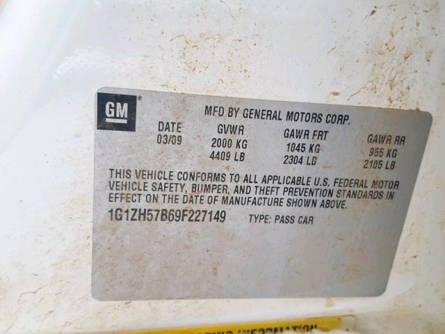 1G1ZH57B69F227149 - 2009 CHEVROLET MALIBU 1LT თეთრი ფოტო 10