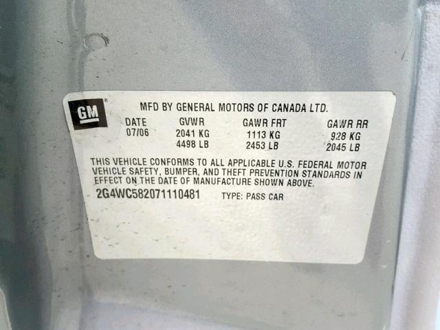 2G4WC582071110481 - 2007 BUICK LACROSSE C GRAY photo 10