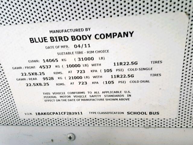 1BAKGCPA1CF282911 - 2012 BLUE BIRD SCHOOL BUS YELLOW photo 10