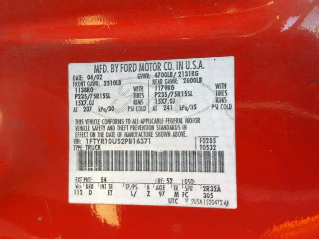 1FTYR10U52PB16371 - 2002 FORD RANGER RED photo 10