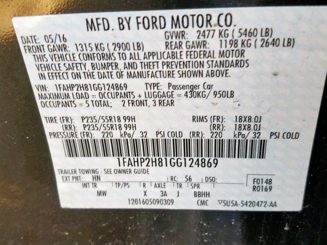 1FAHP2H81GG124869 - 2016 FORD TAURUS SEL GRAY photo 10