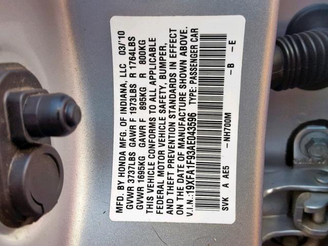 19XFA1F93AE043596 - 2010 HONDA CIVIC EXL SILVER photo 10