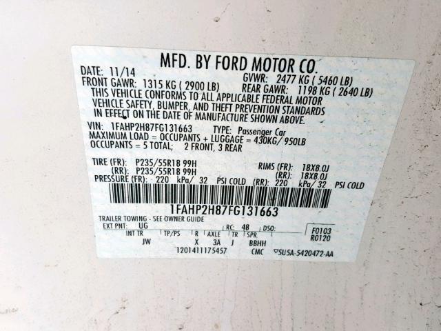 1FAHP2H87FG131663 - 2015 FORD TAURUS SEL WHITE photo 10