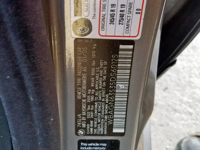 WBAGN63535DS60125 - 2005 BMW 745 LI GRAY photo 10