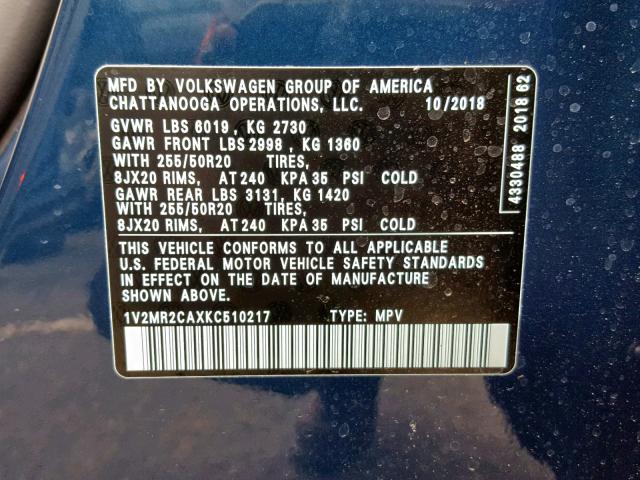 1V2MR2CAXKC510217 - 2019 VOLKSWAGEN ATLAS SEL Mavi foto 10