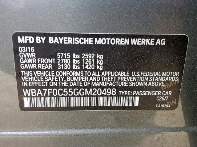 WBA7F0C55GGM20498 - 2016 BMW 750 I GRAY photo 10