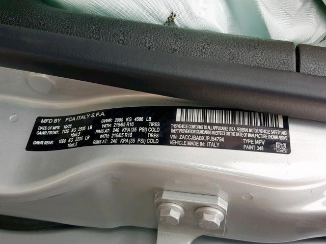 ZACCJBABXJPJ54794 - 2018 JEEP RENEGADE S ვერცხლისფერი ფოტო 10