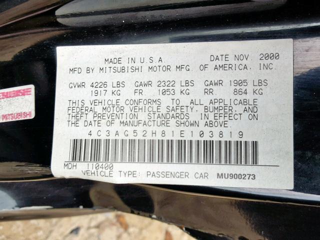 4C3AG52H81E103819 - 2001 CHRYSLER SEBRING LX BLACK photo 10