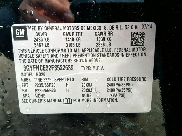 3GYFNCE32FS522639 - 2015 CADILLAC SRX PERFOR შავი ფოტო 10