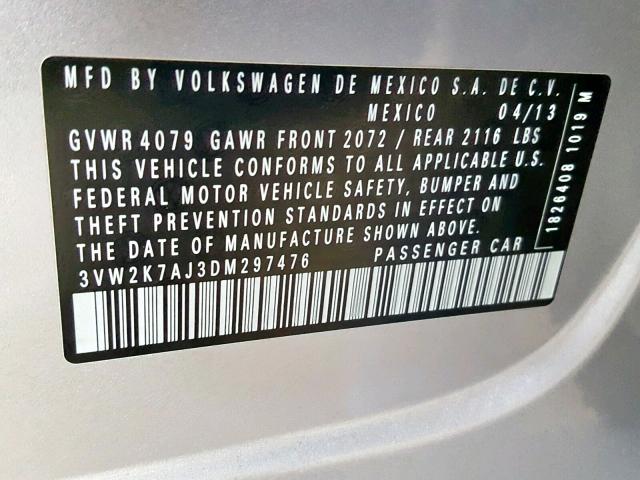 3VW2K7AJ3DM297476 - 2013 VOLKSWAGEN JETTA BASE Արծաթագույն լուսանկար 10