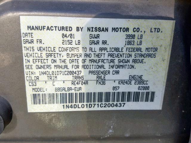 1N4DL01D71C200437 - 2001 NISSAN ALTIMA XE WHITE photo 10