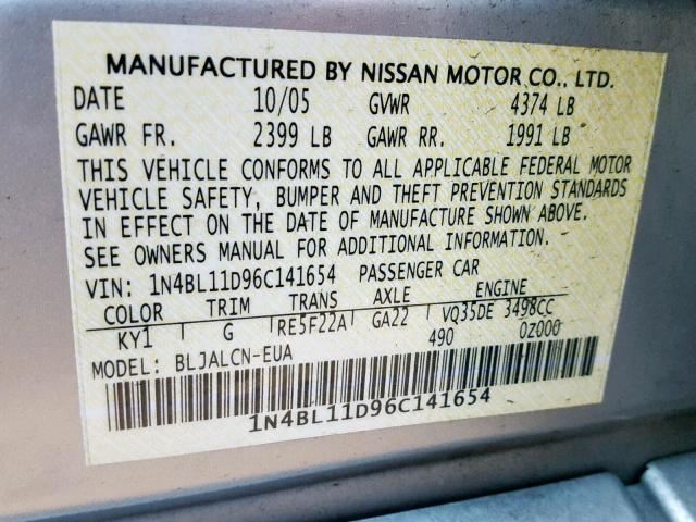 1N4BL11D96C141654 - 2006 NISSAN ALTIMA SE SILVER photo 10