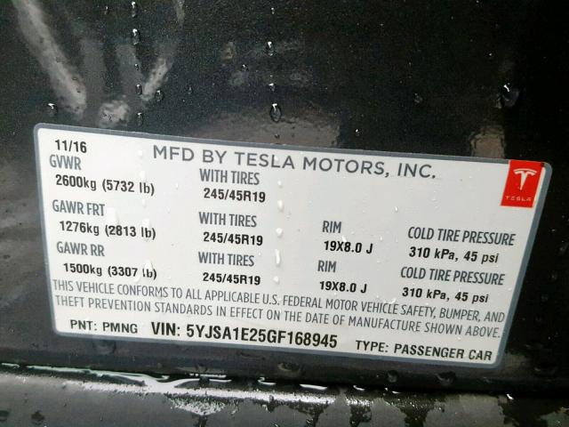 5YJSA1E25GF168945 - 2016 TESLA MODEL S GRAY photo 10