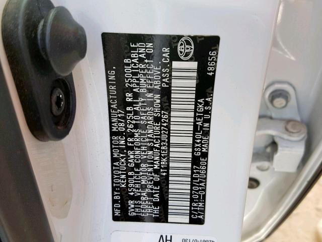 4T1BK1EB3JU274267 - 2018 TOYOTA AVALON XLE WHITE photo 10