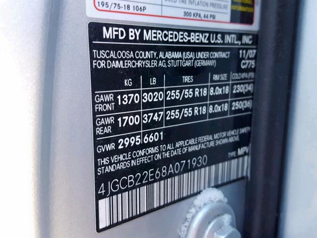 4JGCB22E68A071930 - 2008 MERCEDES-BENZ R 320 CDI SILVER photo 10