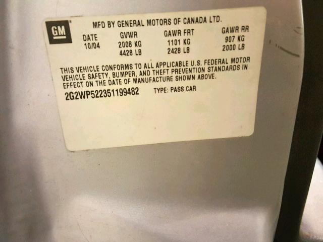 2G2WP522351199482 - 2005 PONTIAC GRAND PRIX SILVER photo 10