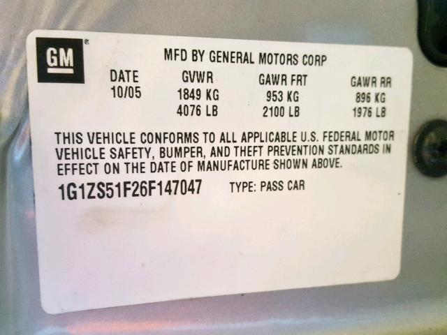1G1ZS51F26F147047 - 2006 CHEVROLET MALIBU LS SILVER photo 10