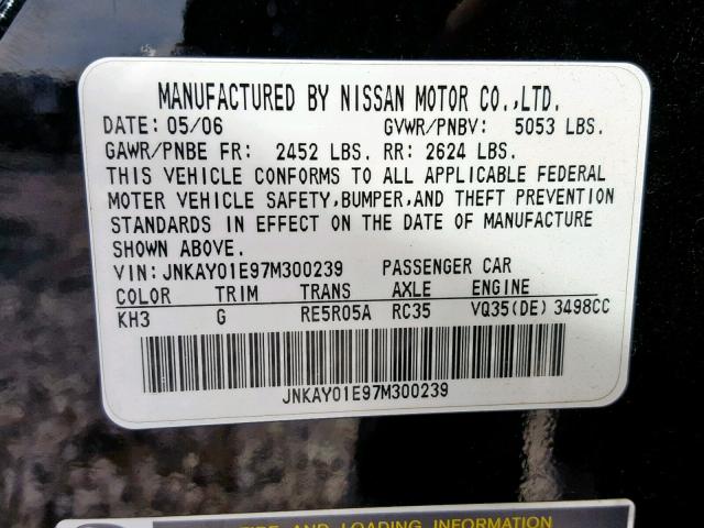 JNKAY01E97M300239 - 2007 INFINITI M35 BASE BLACK photo 10