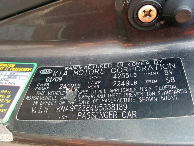 KNAGE228495338139 - 2009 KIA OPTIMA LX GRAY photo 10